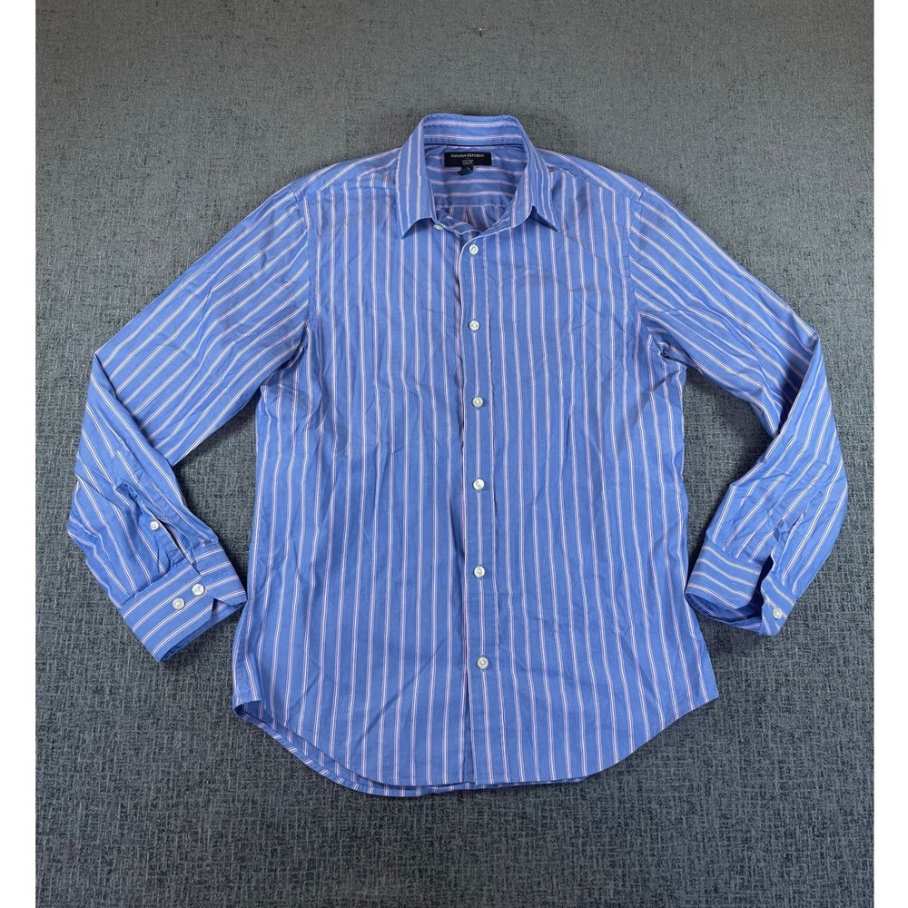 Banana Republic Mens Slim Fit Non Iron Blue Pink Striped Button Down Shirt M